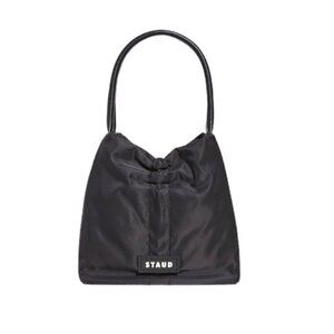 STAUD Felix Shoulder Bag Nylon Leather Trimmed Ruched Shell Tote Logo Zip Pocket